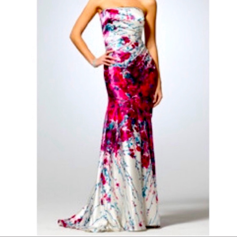 La Femme Fashion Ruched Floral Mermaid Gown